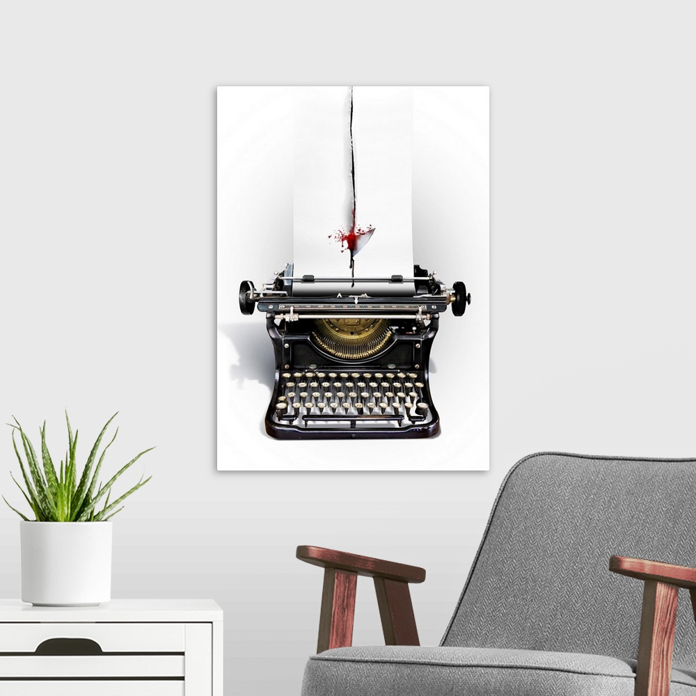A modern room featuring Threats to free speech. Conceptual image of a typewriter with a sheet of paper slashed by a blood...