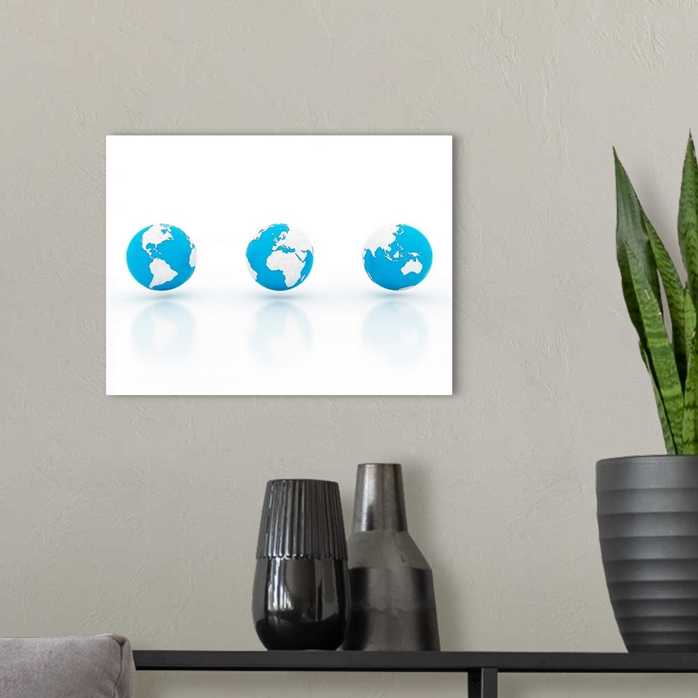 A modern room featuring Three blue and white globes, illustration.