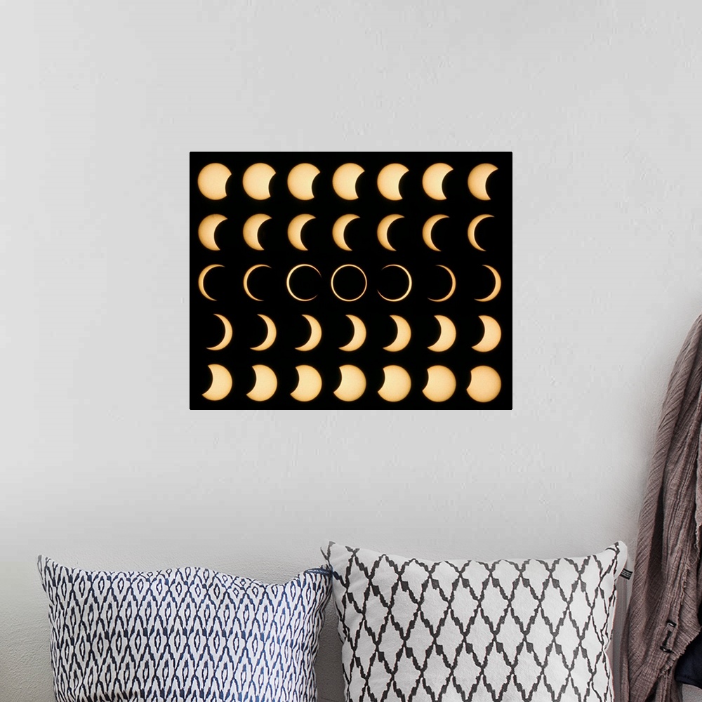 A bohemian room featuring Annular solar eclipse. Time lapse mosaic image of an annular solar eclipse. A solar eclipse occur...