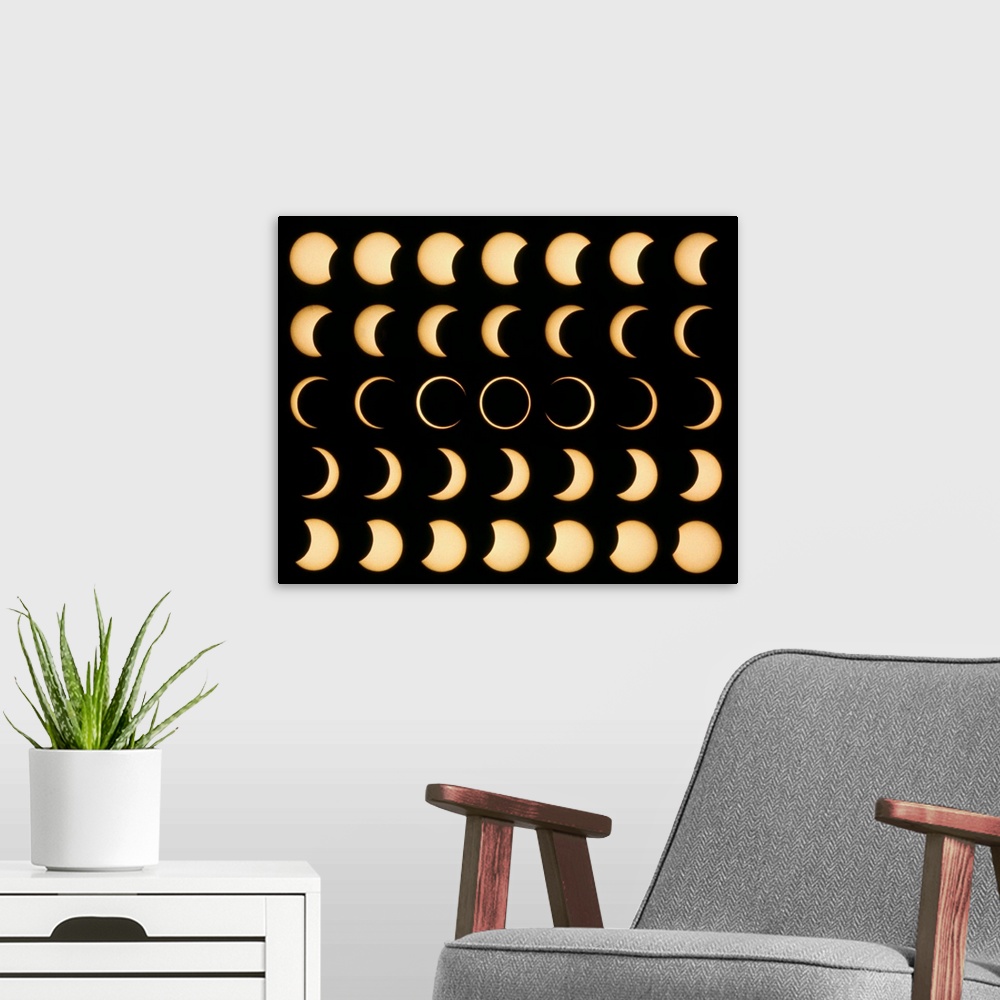 A modern room featuring Annular solar eclipse. Time lapse mosaic image of an annular solar eclipse. A solar eclipse occur...