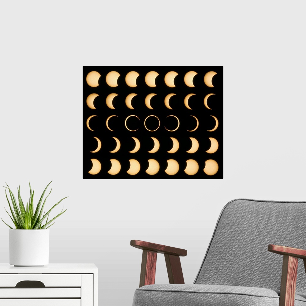 A modern room featuring Annular solar eclipse. Time lapse mosaic image of an annular solar eclipse. A solar eclipse occur...