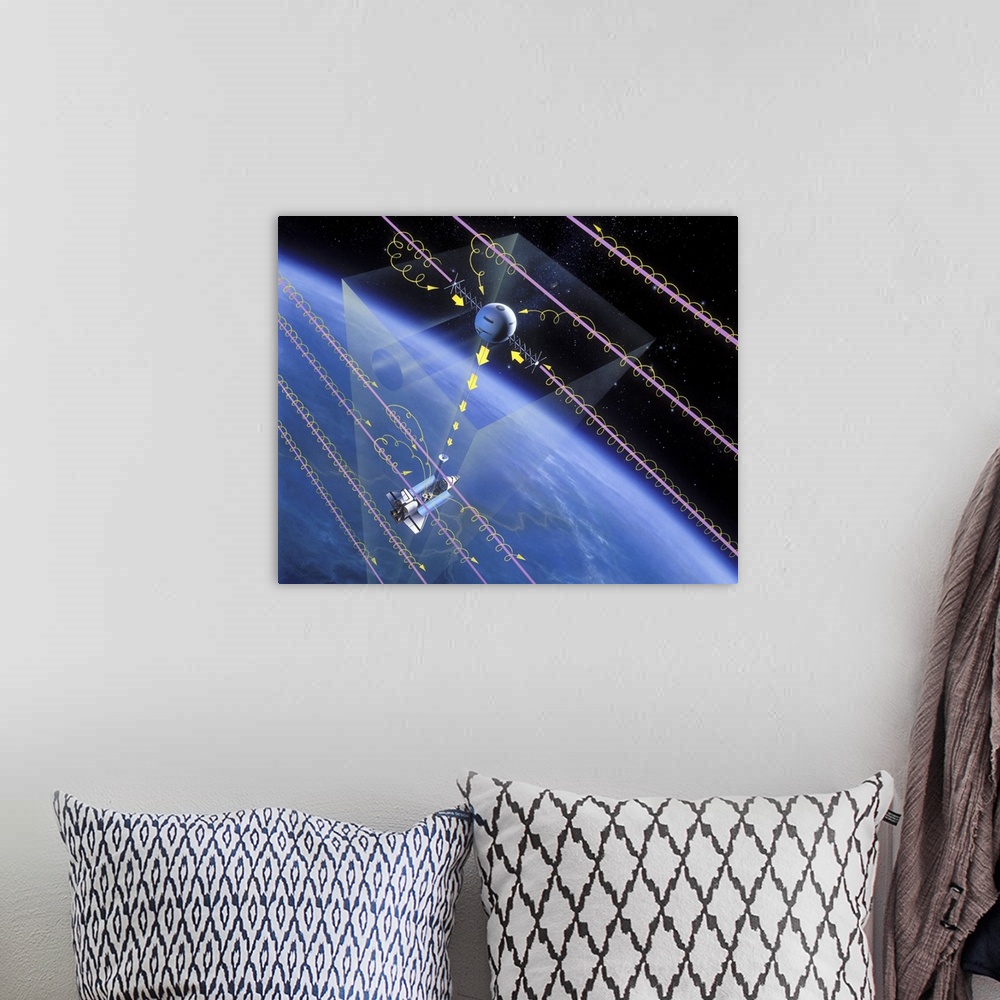 A bohemian room featuring TSS-1 tethered satellite. Artwork showing the tethered satellite system (TSS-1) deployed from the...