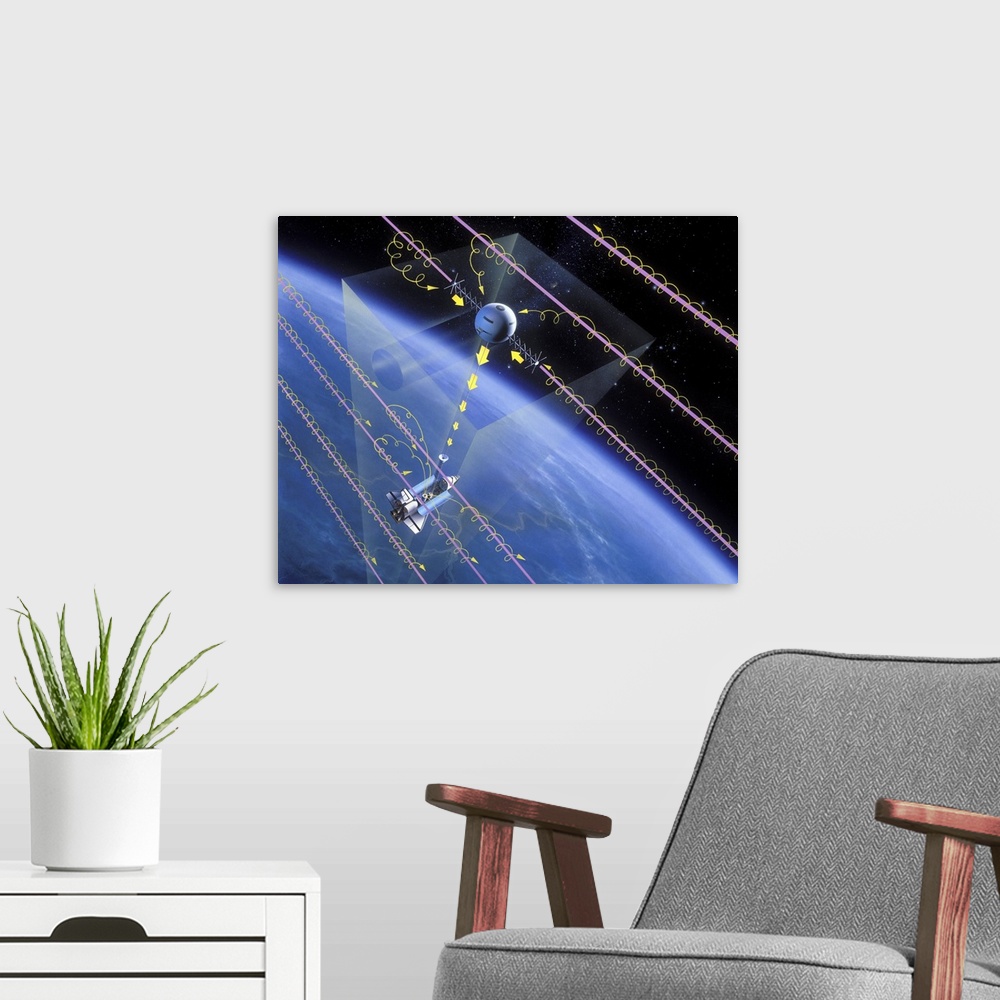 A modern room featuring TSS-1 tethered satellite. Artwork showing the tethered satellite system (TSS-1) deployed from the...