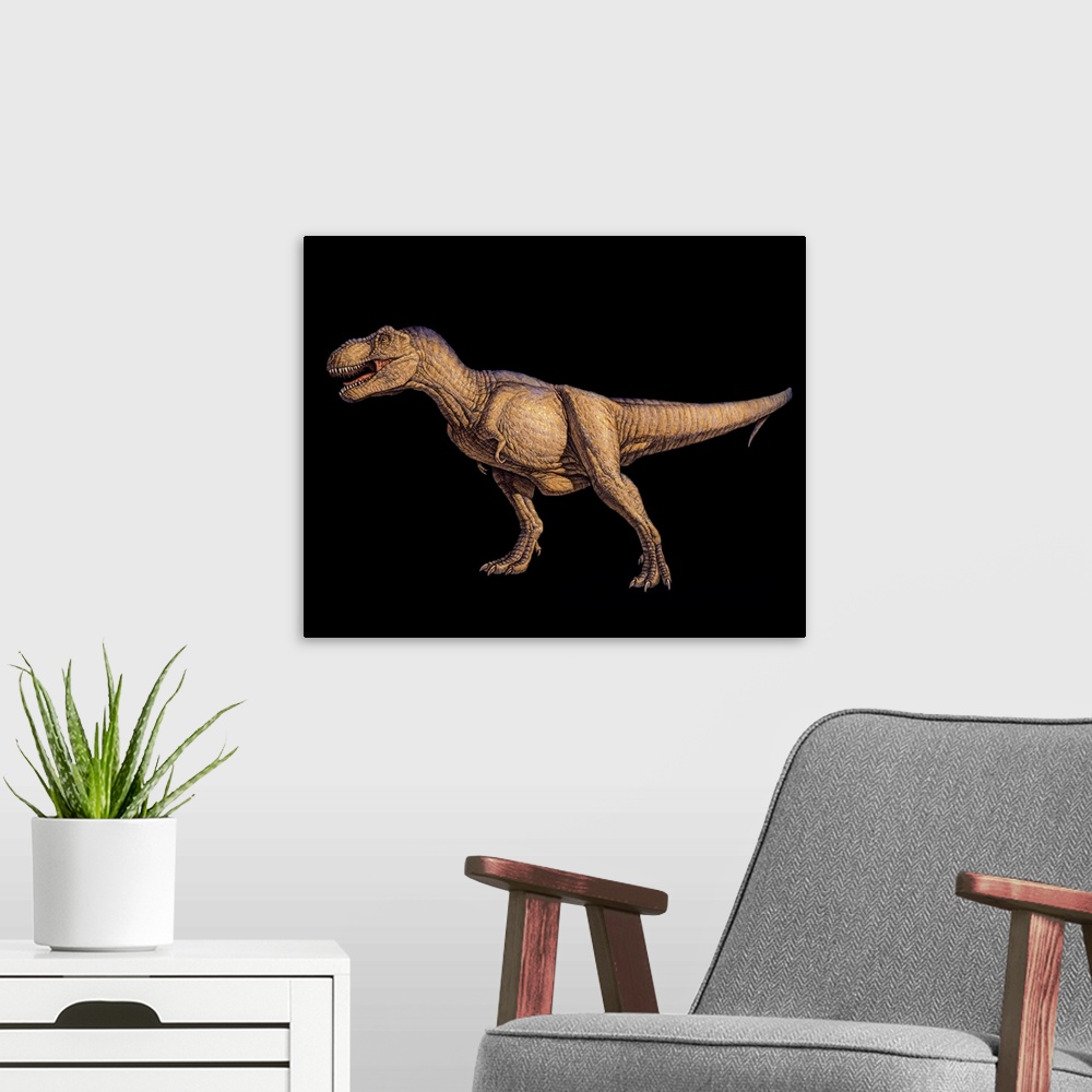 A modern room featuring Tyrannosaurus rex, artwork. This dinosaur lived in North America and Asia from about 70 million y...