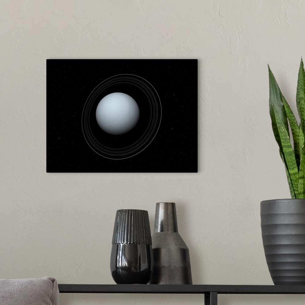 A modern room featuring Uranus and its rings. Artwork of Uranus, the seventh planet from the Sun, and its rings. Uranus i...