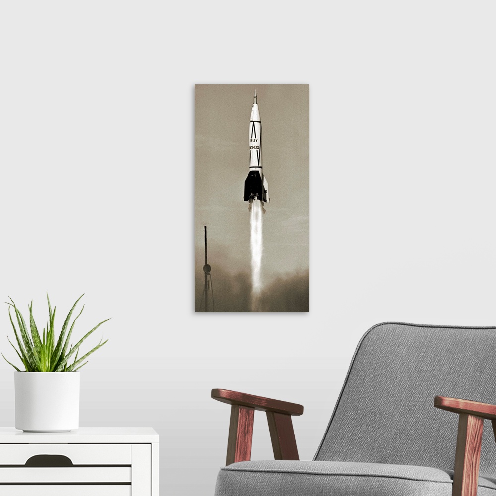A modern room featuring V-2 rocket at an early US launch, White Sands, New Mexico. After the Second World War a number of...