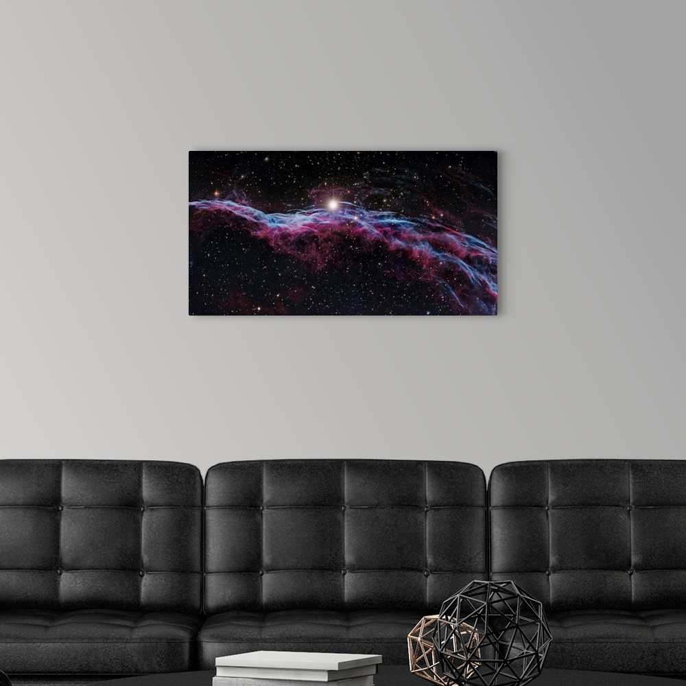 A modern room featuring Veil Nebula (IC 1340), optical image. The Veil Nebula is a cloud of heated and ionized gas and du...