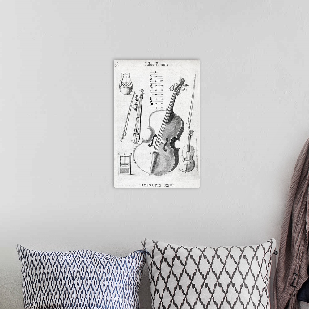 A bohemian room featuring Violin, 17th century artwork. Violin bows and diagrams of musical scales surround the violin. Thi...