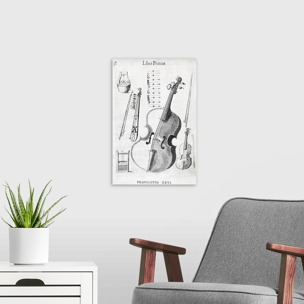 A modern room featuring Violin, 17th century artwork. Violin bows and diagrams of musical scales surround the violin. Thi...