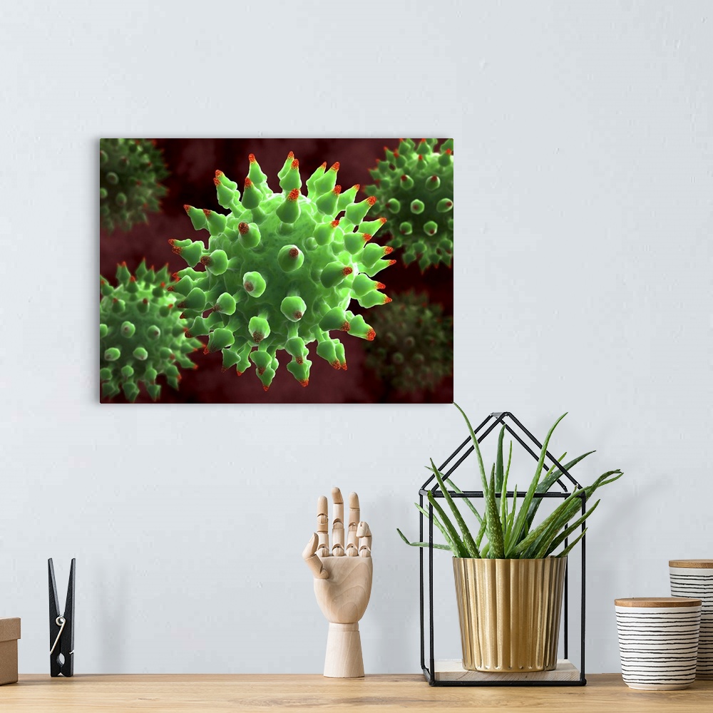 A bohemian room featuring Virus particles, computer artwork. The spikes (red-tipped) on the virus particles are surface pro...