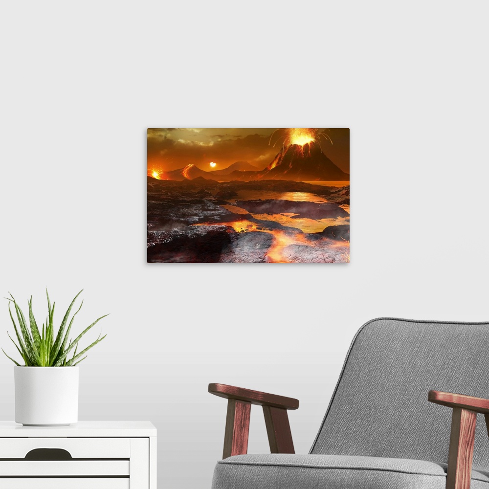 A modern room featuring Volcanoes on Venus. Illustration of a active volcanoes and water on the surface of the planet Ven...