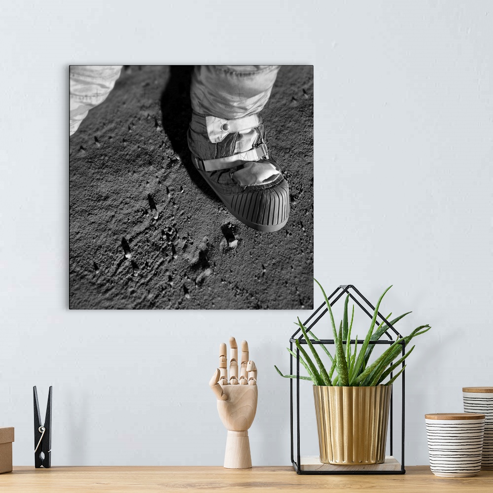 A bohemian room featuring Walking on the Moon. Computer illustration of an astronaut taking a step on the surface of the Moon.