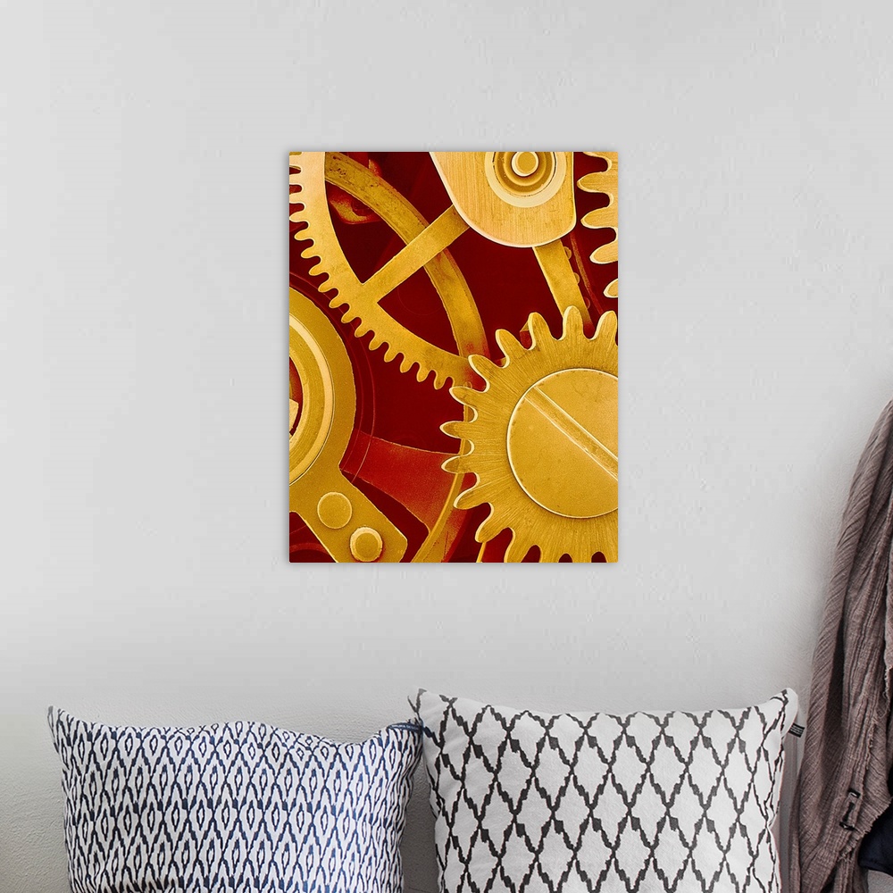 A bohemian room featuring Watch gears. Coloured scanning electron micrograph (SEM) of the internal mechanism of a wristwatc...