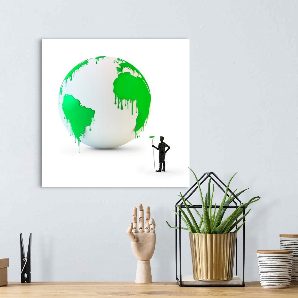 A bohemian room featuring Wet green paint dripping from the globe, illustration.
