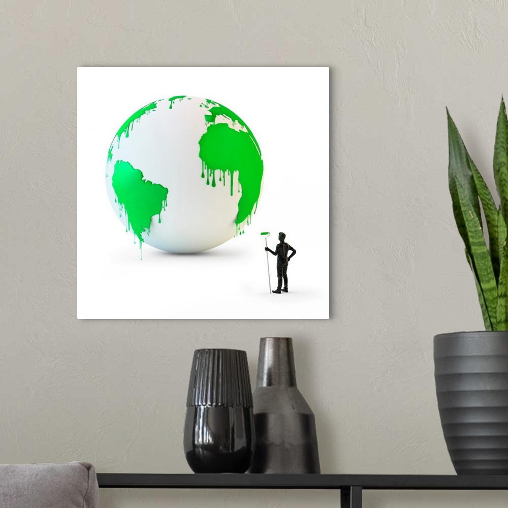 A modern room featuring Wet green paint dripping from the globe, illustration.