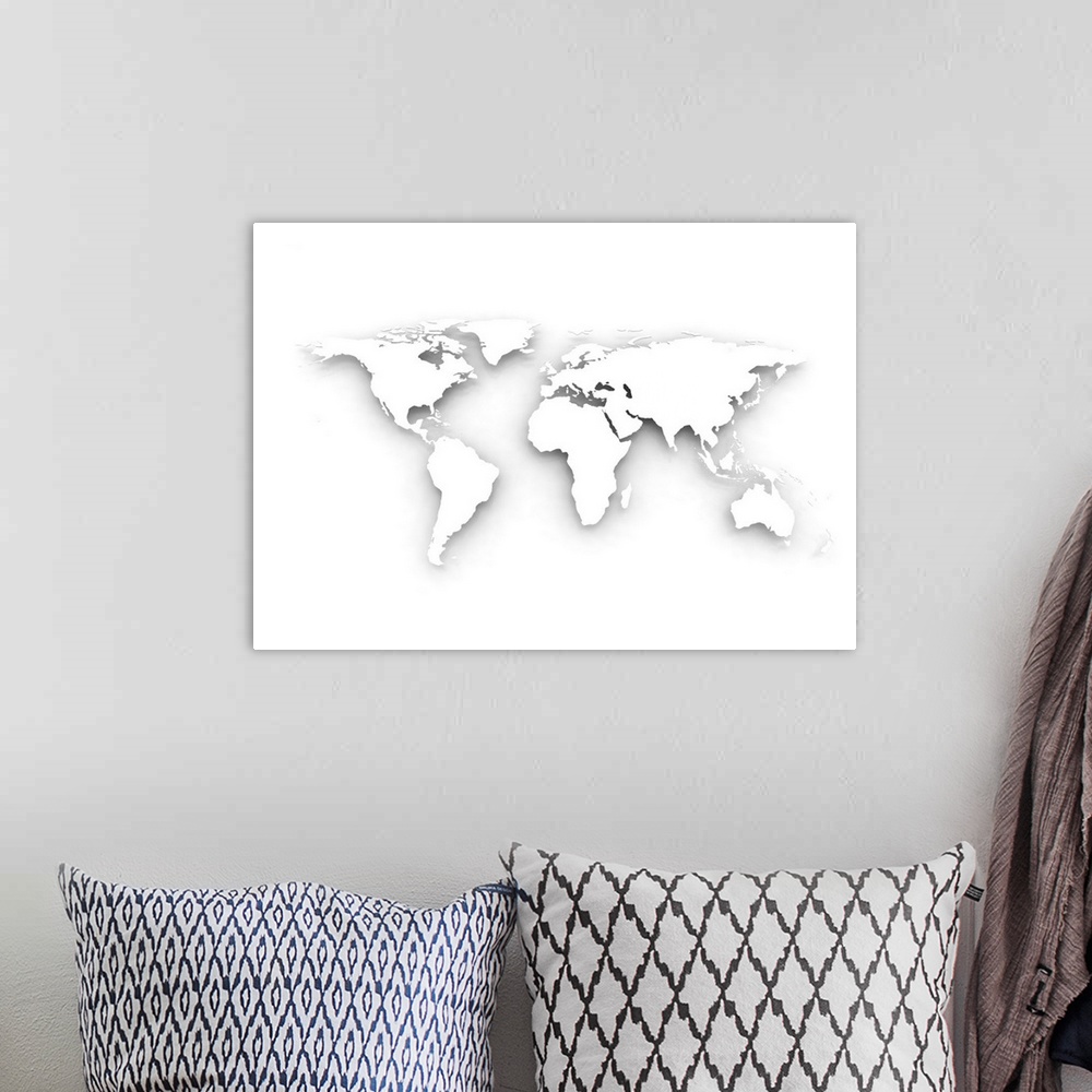A bohemian room featuring White world map, illustration.