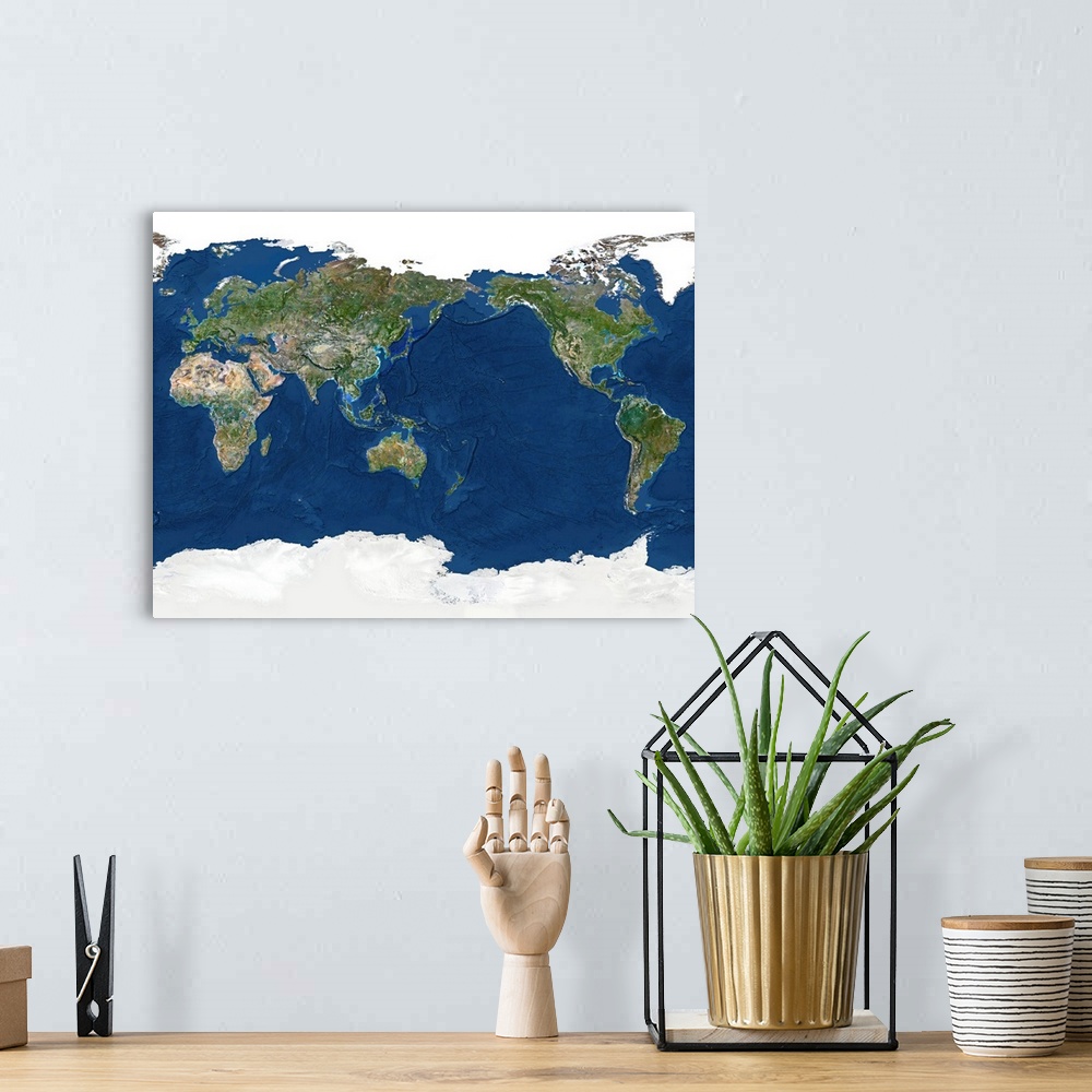 A bohemian room featuring Whole Earth, topographical satellite image. Here, the Pacific Ocean is seen at center. The land i...