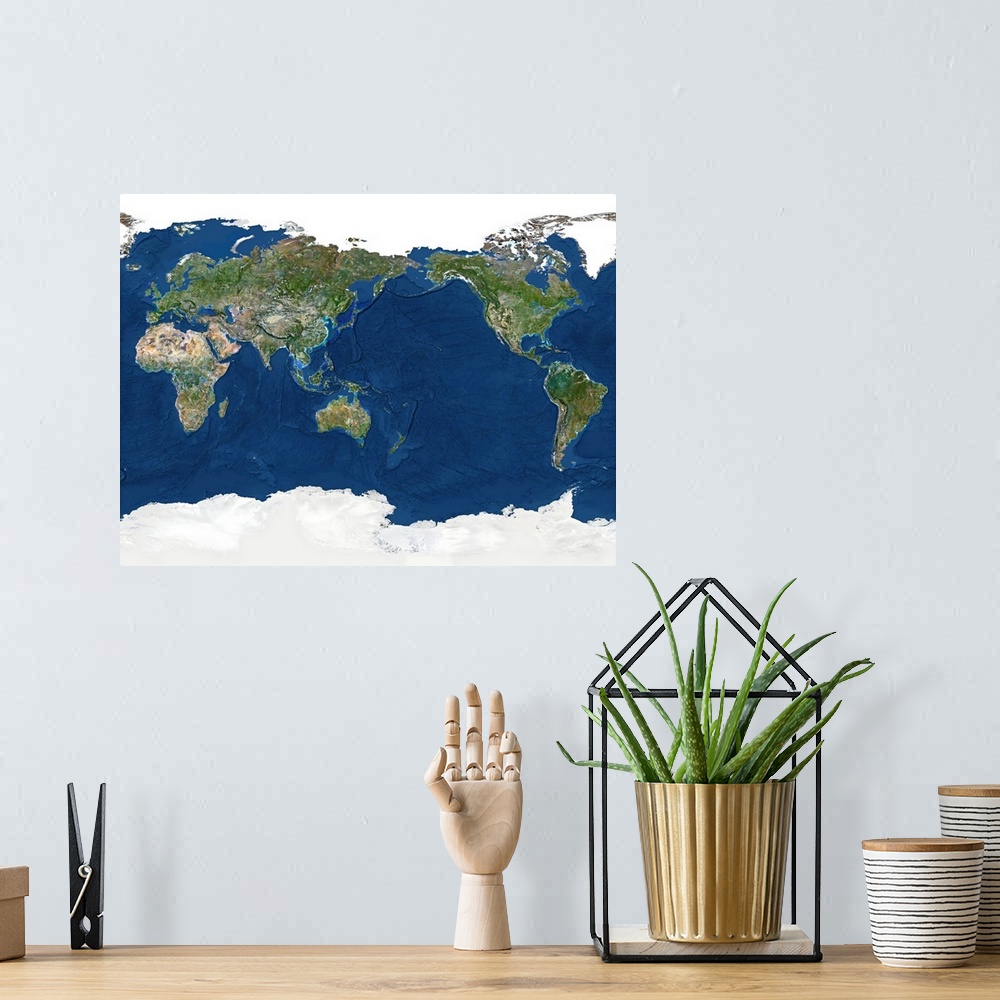 A bohemian room featuring Whole Earth, topographical satellite image. Here, the Pacific Ocean is seen at center. The land i...