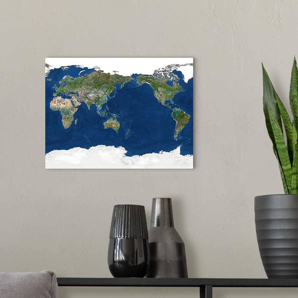 A modern room featuring Whole Earth, topographical satellite image. Here, the Pacific Ocean is seen at center. The land i...