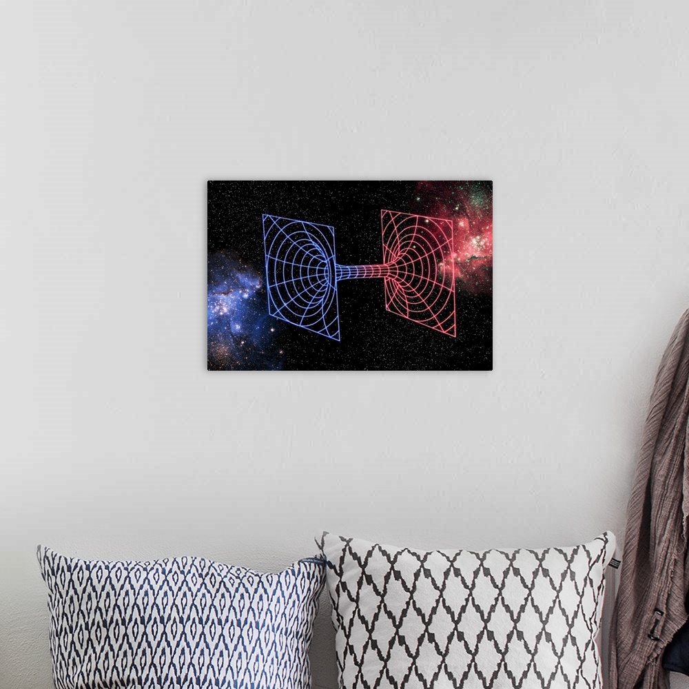 A bohemian room featuring Wormhole. Conceptual computer artwork showing a wormhole leading from one universe (blue) to anot...