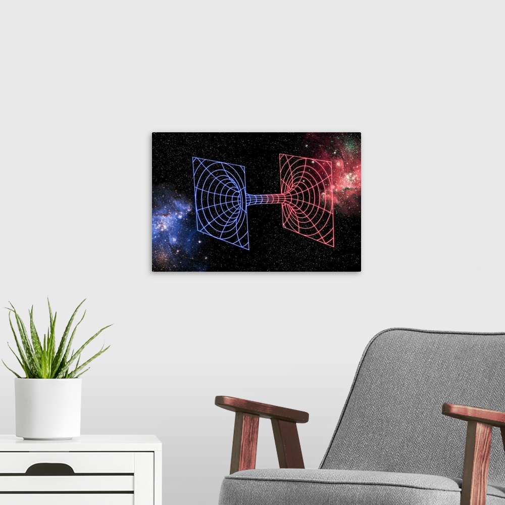 A modern room featuring Wormhole. Conceptual computer artwork showing a wormhole leading from one universe (blue) to anot...