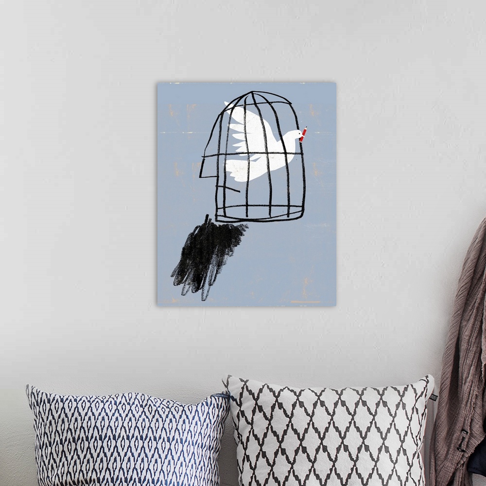 A bohemian room featuring Writing for peace. Conceptual image of a caged dove with a pencil in its mouth, representing writ...