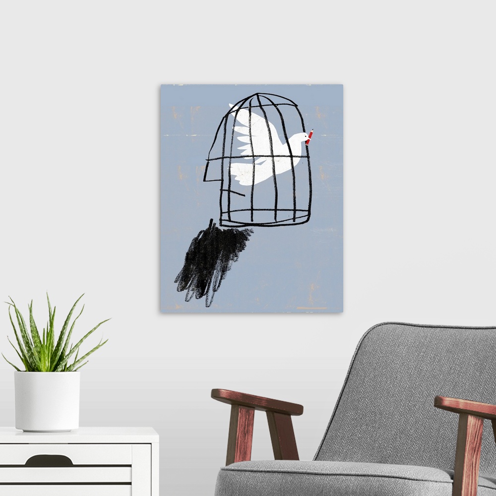 A modern room featuring Writing for peace. Conceptual image of a caged dove with a pencil in its mouth, representing writ...