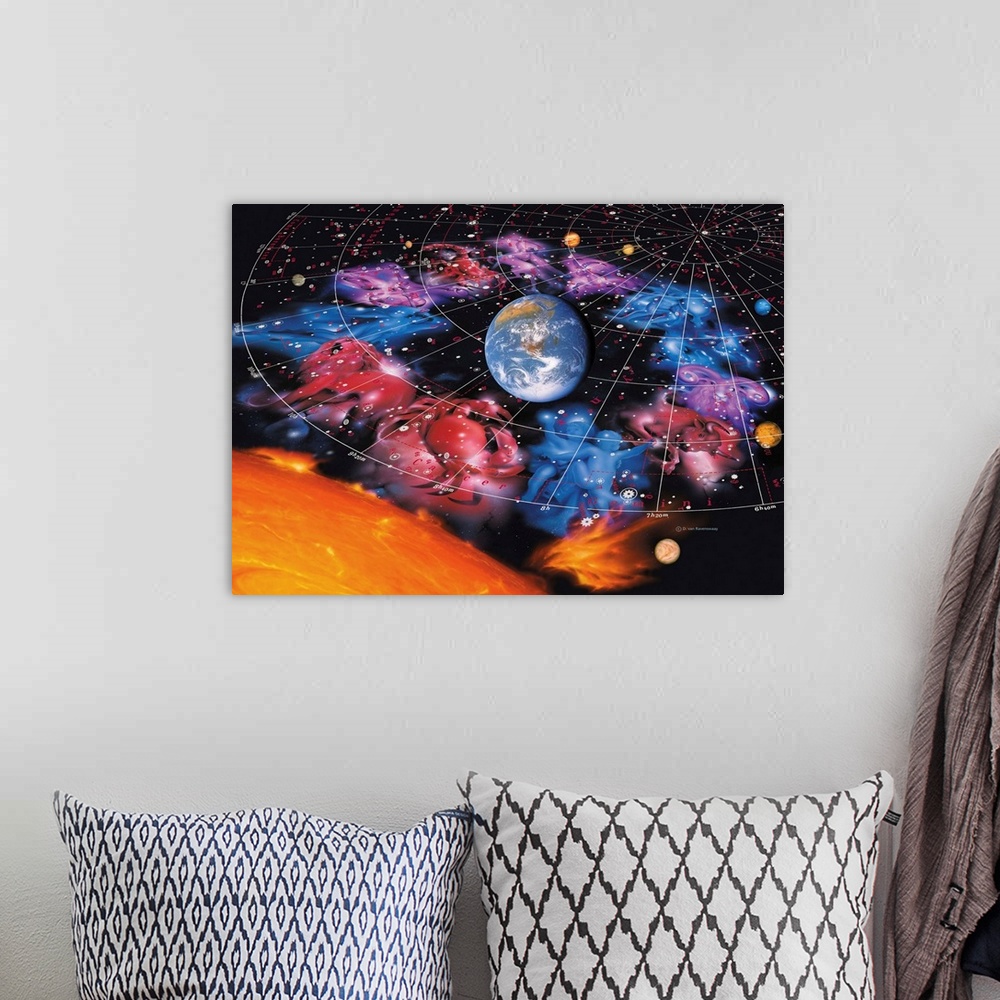 A bohemian room featuring Zodiac signs. Artwork of the Earth ringed by the signs of the zodiac, the other solar system plan...