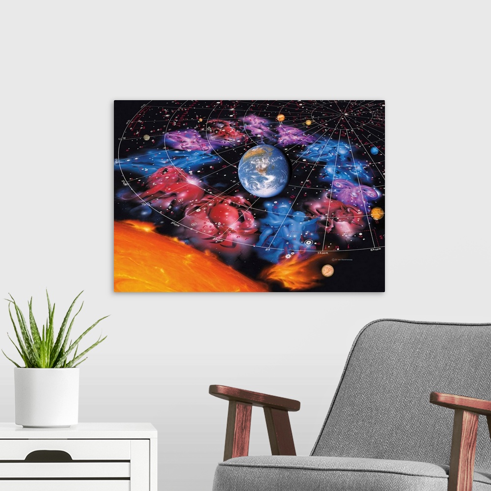 A modern room featuring Zodiac signs. Artwork of the Earth ringed by the signs of the zodiac, the other solar system plan...