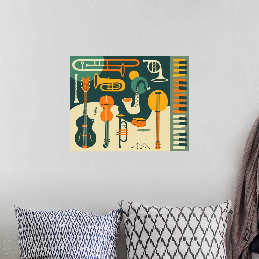 A bohemian room featuring Retro illustration of musical instruments in blue, orange, gold, and cream hues.