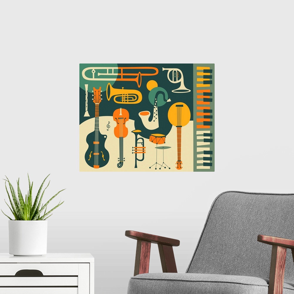 A modern room featuring Retro illustration of musical instruments in blue, orange, gold, and cream hues.