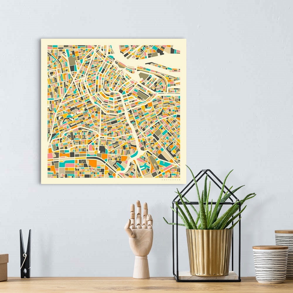 A bohemian room featuring Colorfully illustrated aerial street map of Amsterdam, Netherlands on a square background.