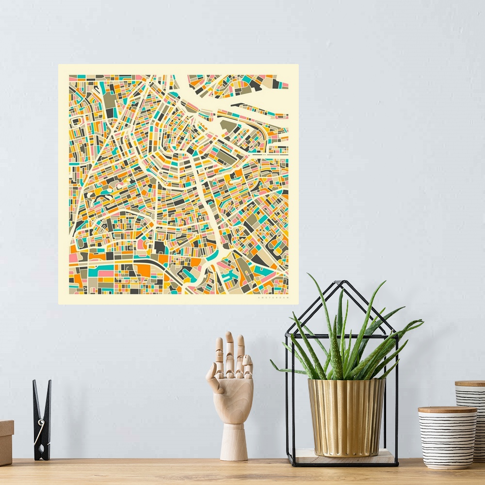 A bohemian room featuring Colorfully illustrated aerial street map of Amsterdam, Netherlands on a square background.