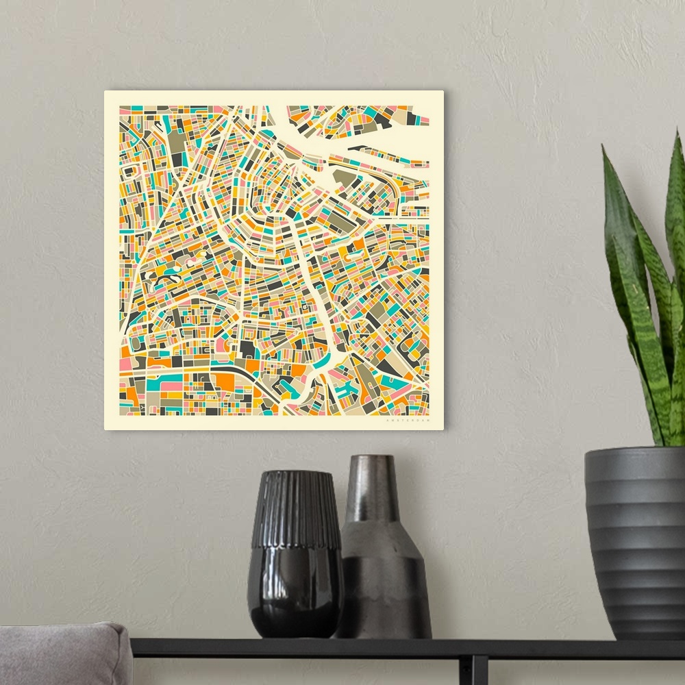 A modern room featuring Colorfully illustrated aerial street map of Amsterdam, Netherlands on a square background.