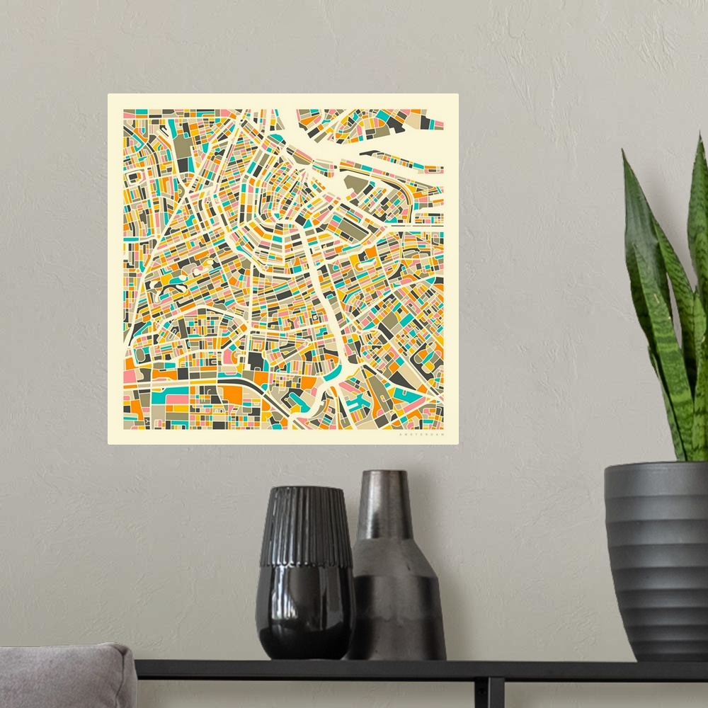 A modern room featuring Colorfully illustrated aerial street map of Amsterdam, Netherlands on a square background.