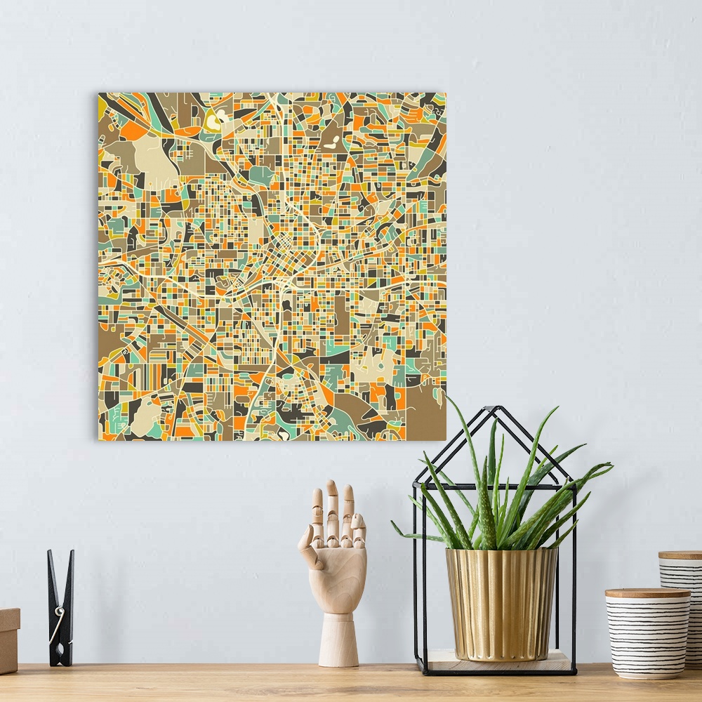 A bohemian room featuring Colorfully illustrated aerial street map of Atlanta, Georgia on a square background.
