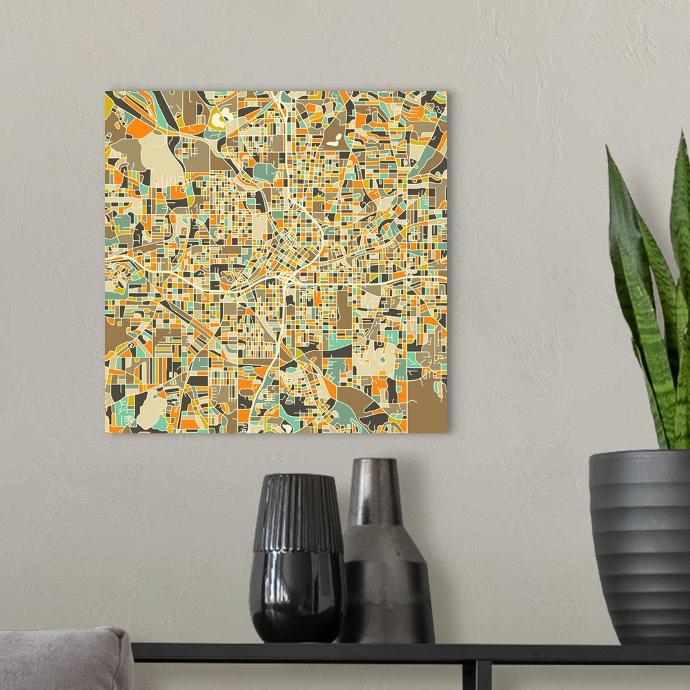 A modern room featuring Colorfully illustrated aerial street map of Atlanta, Georgia on a square background.