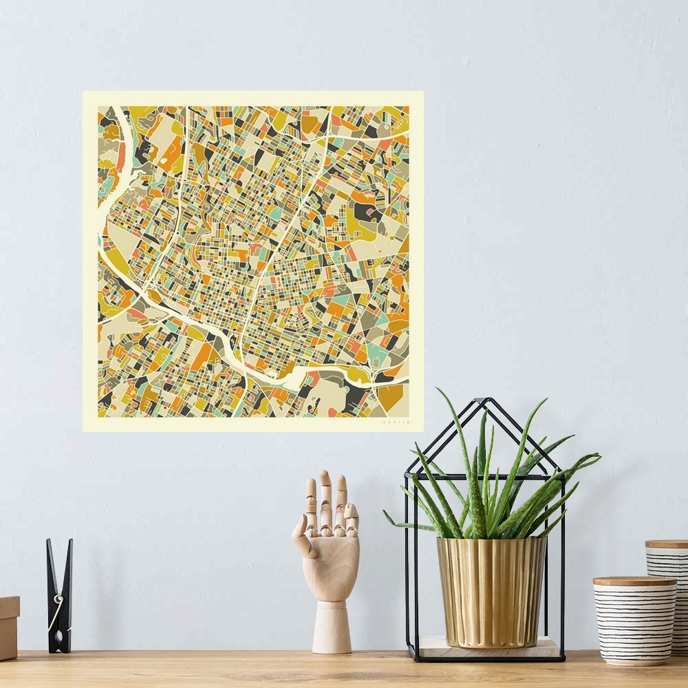 A bohemian room featuring Colorfully illustrated aerial street map of Austin, Texas on a square background.