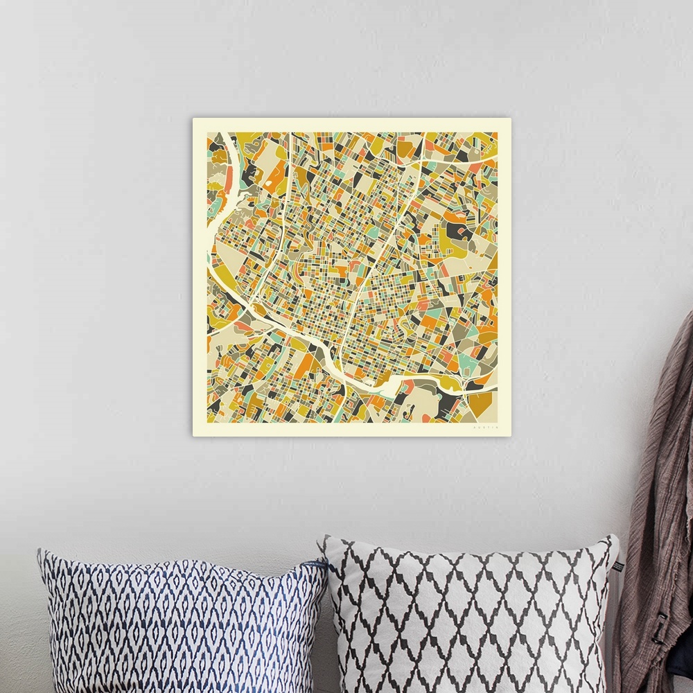 A bohemian room featuring Colorfully illustrated aerial street map of Austin, Texas on a square background.