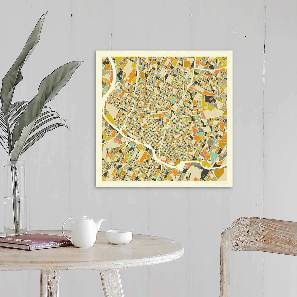 A farmhouse room featuring Colorfully illustrated aerial street map of Austin, Texas on a square background.