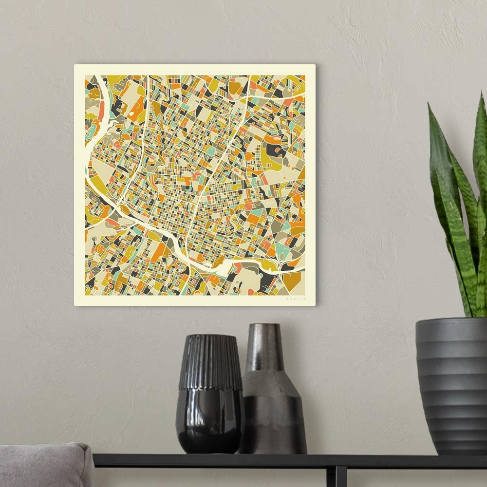 A modern room featuring Colorfully illustrated aerial street map of Austin, Texas on a square background.