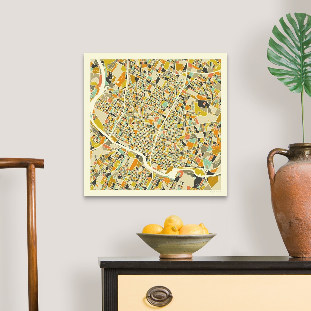 A traditional room featuring Colorfully illustrated aerial street map of Austin, Texas on a square background.