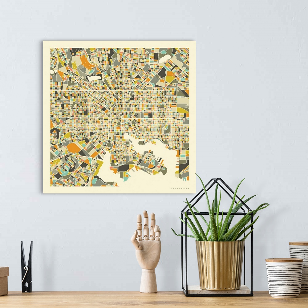 A bohemian room featuring Colorfully illustrated aerial street map of Baltimore, Maryland on a square background.