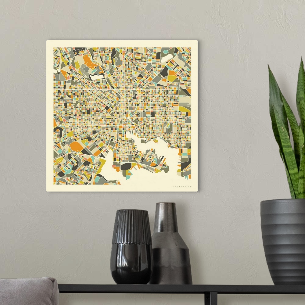 A modern room featuring Colorfully illustrated aerial street map of Baltimore, Maryland on a square background.