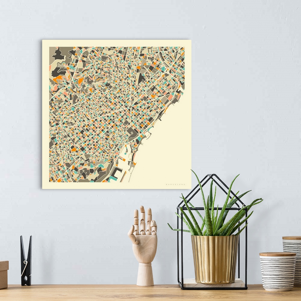 A bohemian room featuring Colorfully illustrated aerial street map of Barcelona, Spain on a square background.