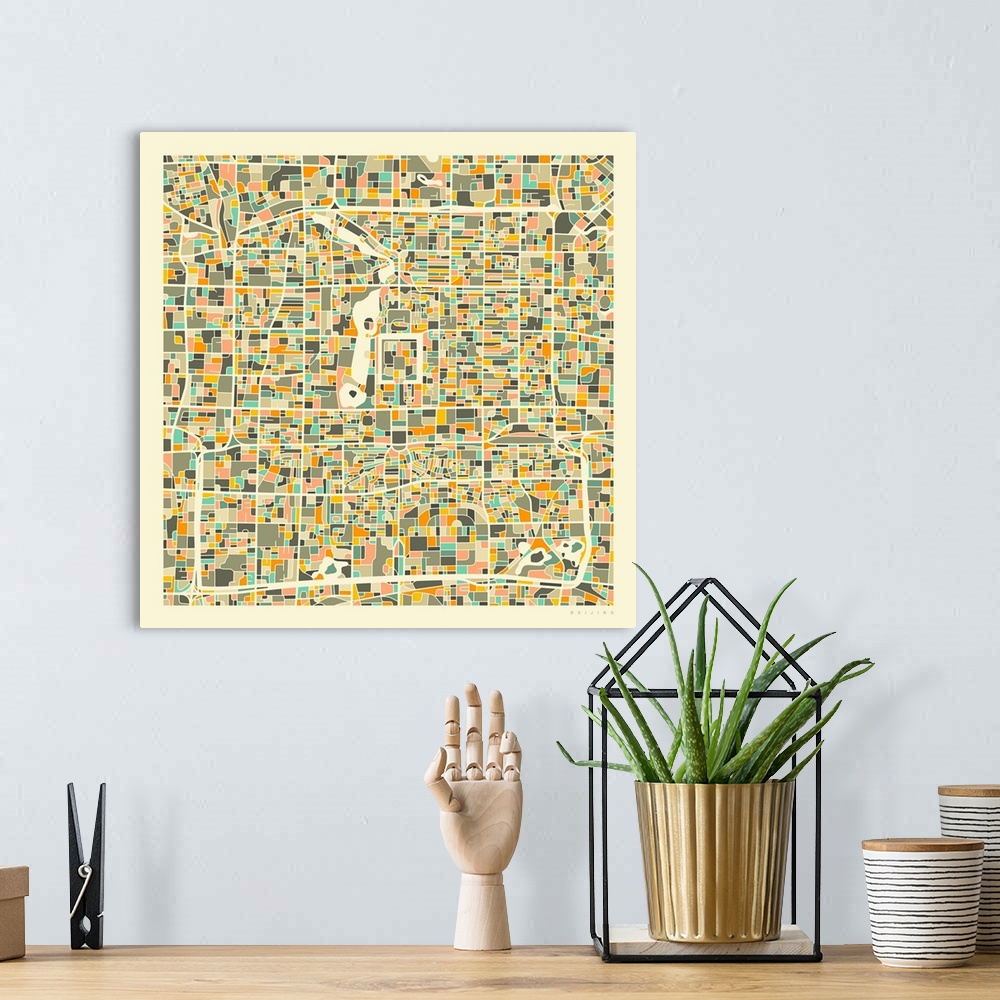 A bohemian room featuring Colorfully illustrated aerial street map of Beijing, China on a square background.