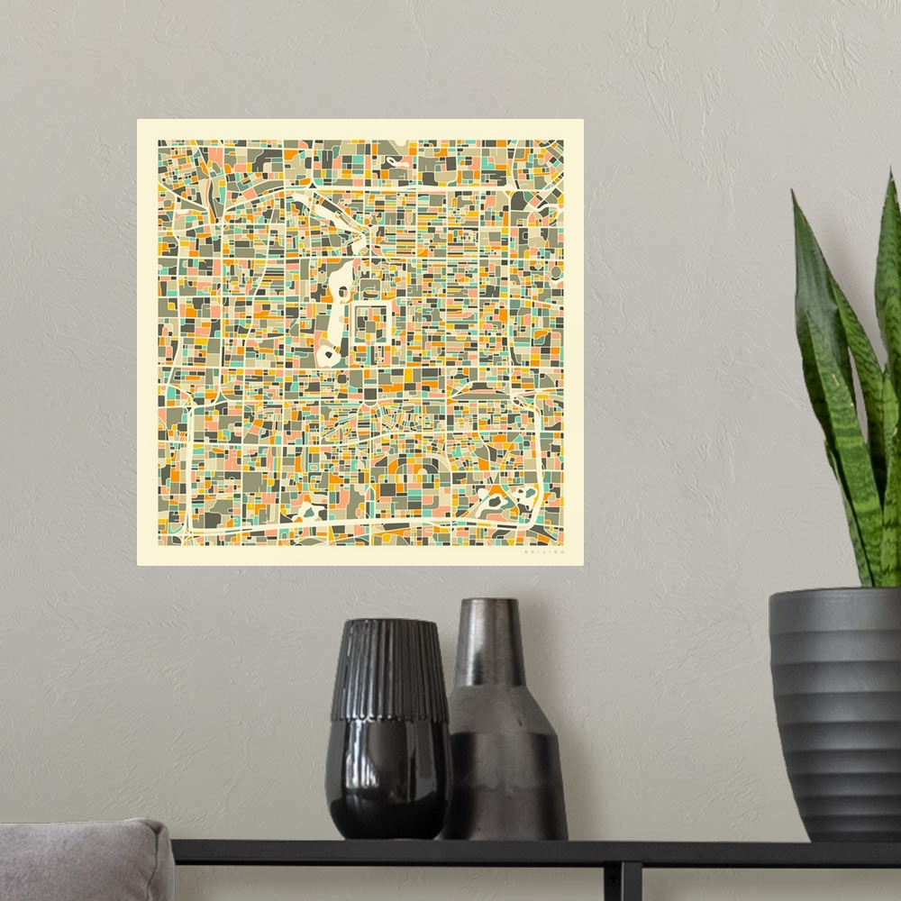 A modern room featuring Colorfully illustrated aerial street map of Beijing, China on a square background.