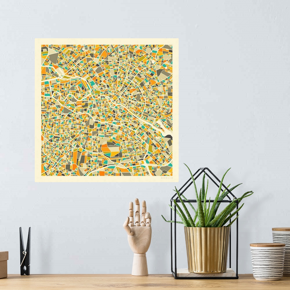 A bohemian room featuring Colorfully illustrated aerial street map of Berlin, Germany on a square background.