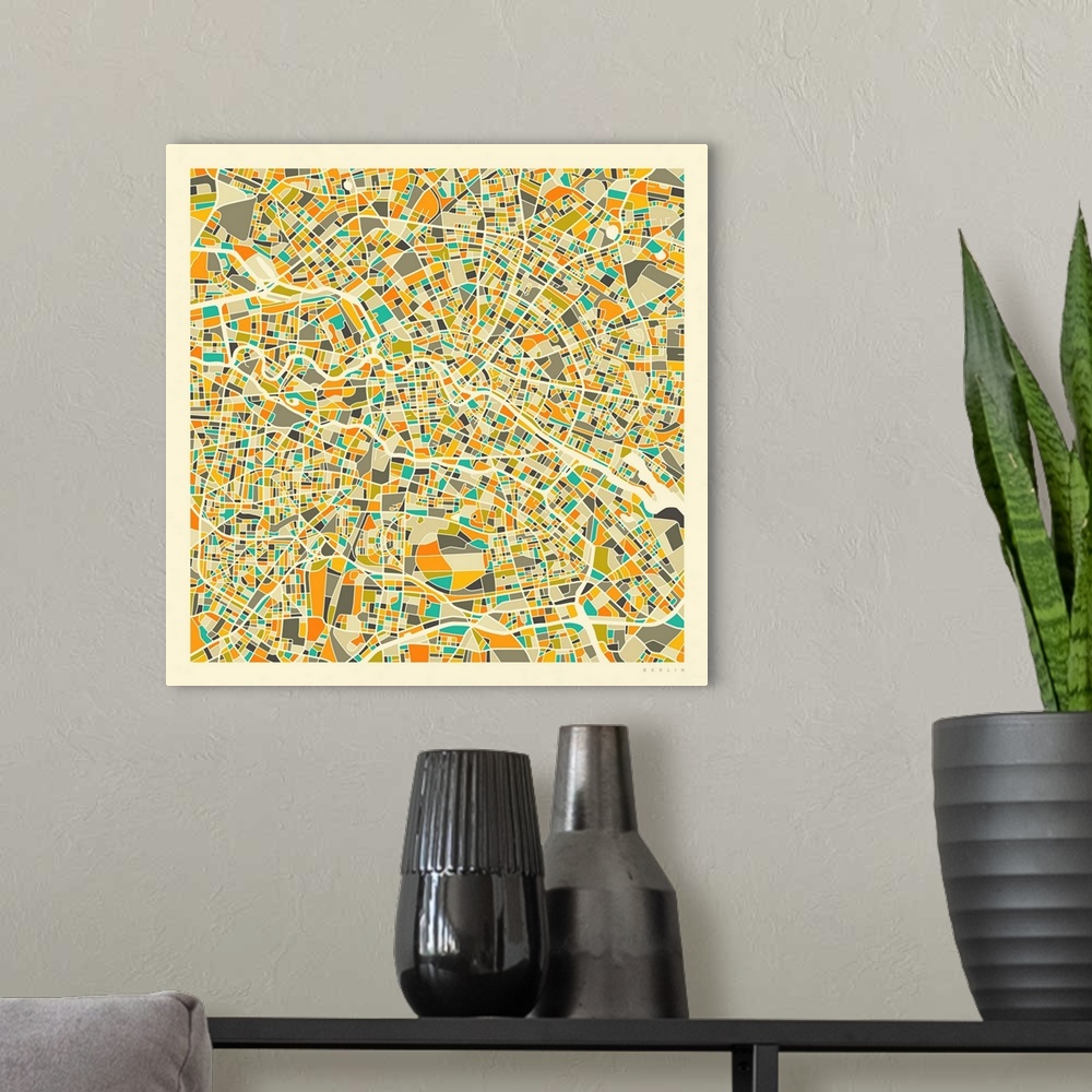 A modern room featuring Colorfully illustrated aerial street map of Berlin, Germany on a square background.