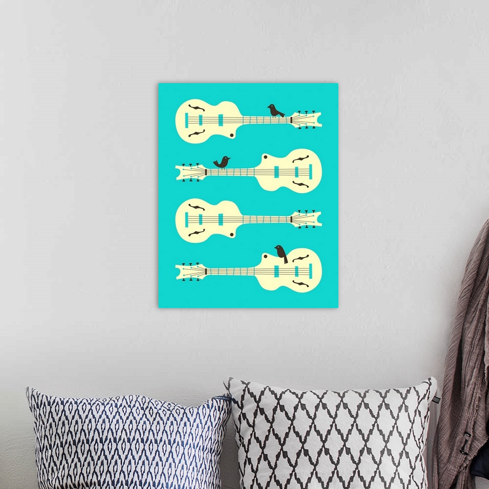 A bohemian room featuring Illustration of four guitars with birds perched on three of them, with a bright blue background.